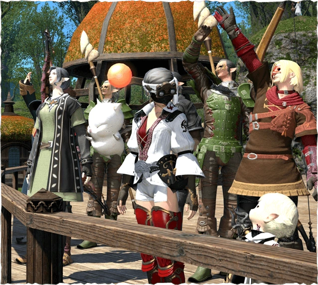 Différents personnages du jeu et un Mog se tiennent sur une place à Gridania.