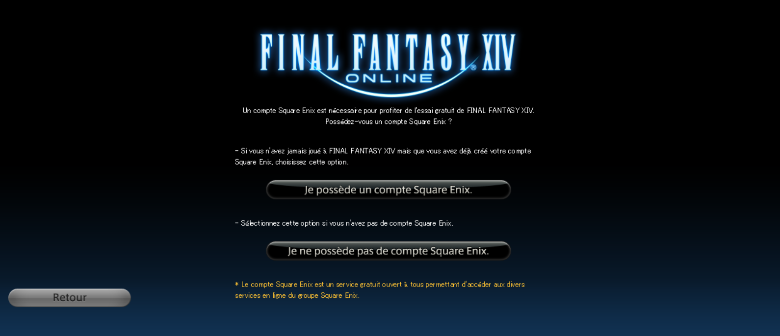 Une image informative avec des instructions pour lancer FINAL FANTASY 14 si vous possédez ou non un compte Square Enix.
