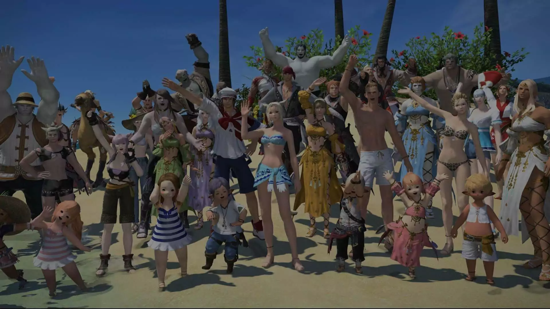 Une photo de groupe de nombreux personnages dans des tenues estivales réunies sur une plage et faisant coucou.