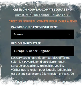 Page de création d'un compte Square Enix pour jouer à FINAL FANTASY 14. Il faut sélectionner sa région.